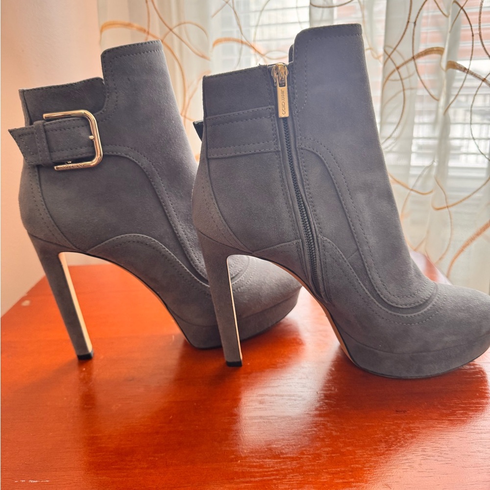 Jimmy Choo Gray Suede Heeled Boots with Buckle